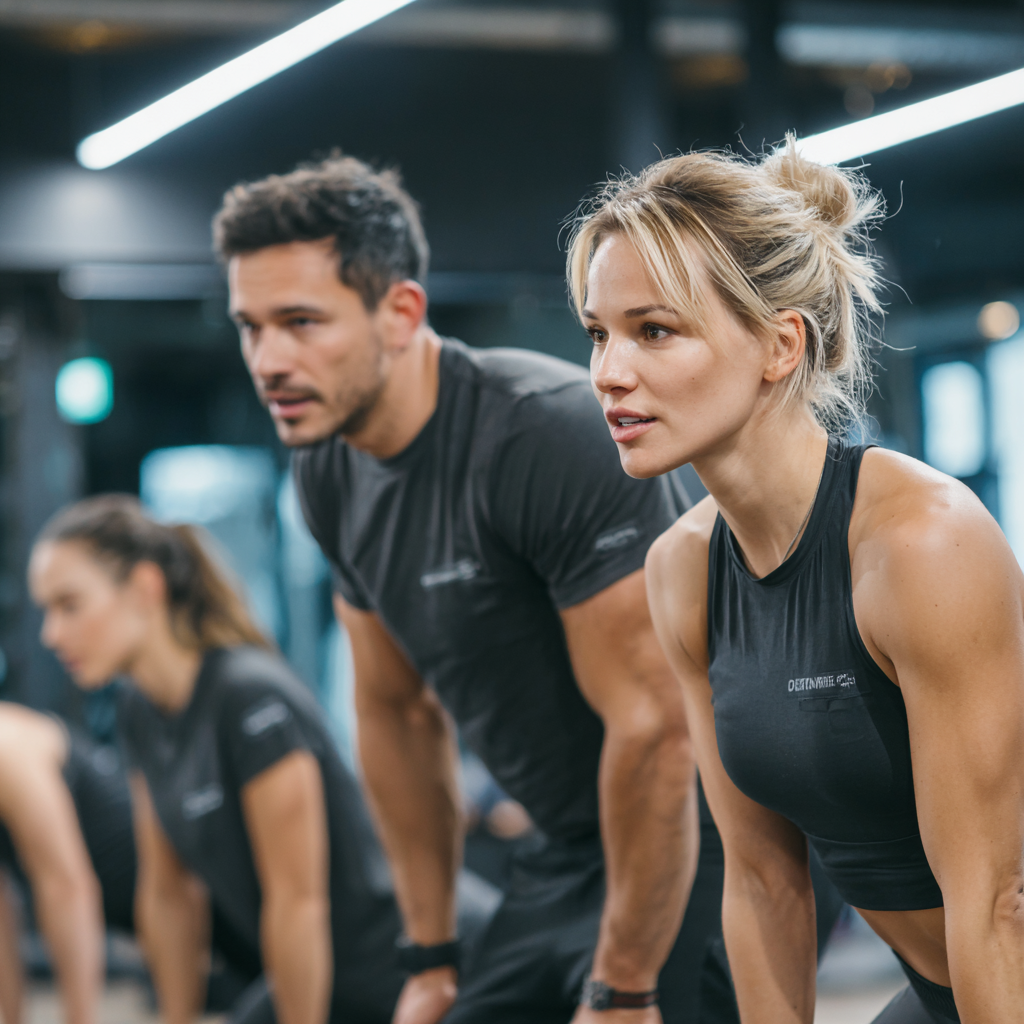 Group of diverse Ukrainian adults exercising together in a modern fitness studio, showing strength training and cardio equipment