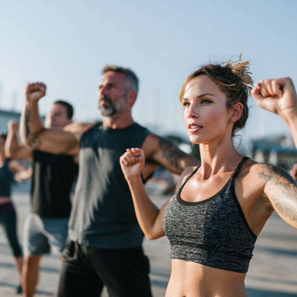 Ukrainian fitness enthusiasts receiving personalized AI coaching tips during strength training session in a well-equipped gym
