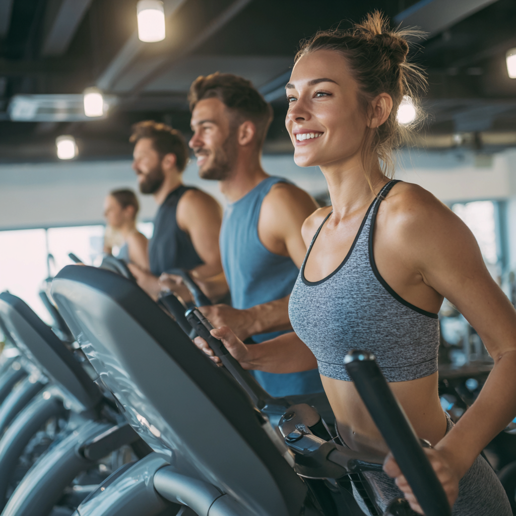 Professional Ukrainian fitness trainers demonstrating proper exercise form and providing personalized guidance in a modern training facility